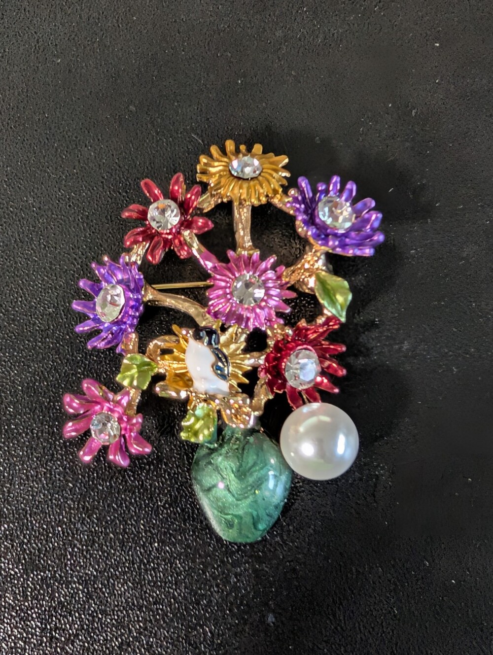 Hummingbird Flower Brooch Colorful Enamel Rhinestone Pearl Dangle Pin